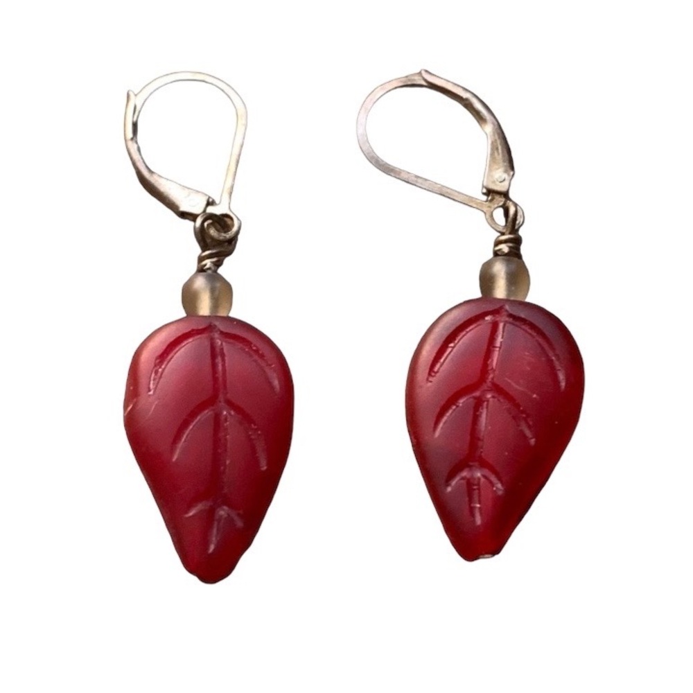 Glass Red Leaf Pierced Earrings Fall Leaves Woman’s Jewelry
